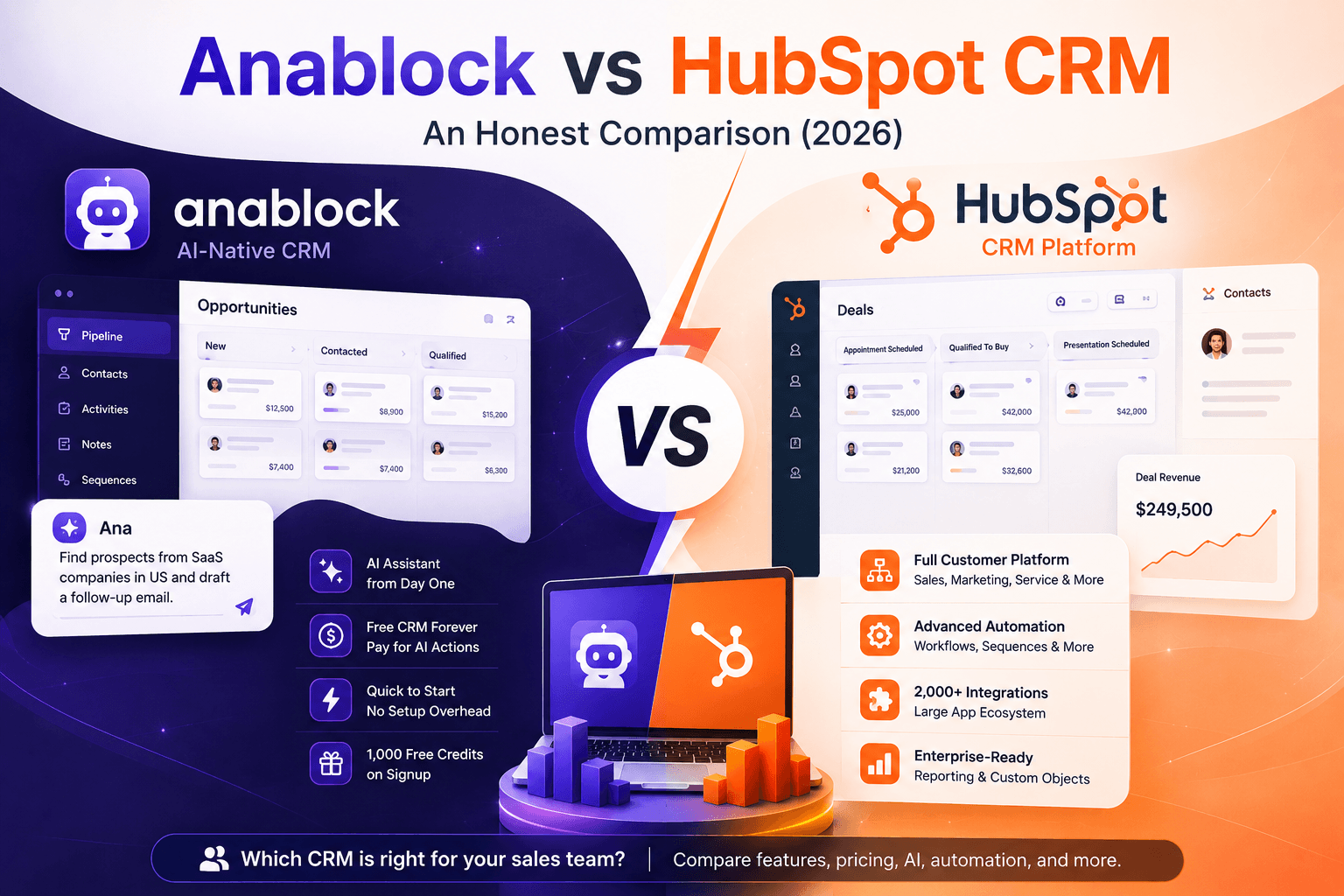 Anablock vs HubSpot CRM comparison graphic showing AI-native CRM features, HubSpot platform capabilities, automation, integrations, and pricing differences.
